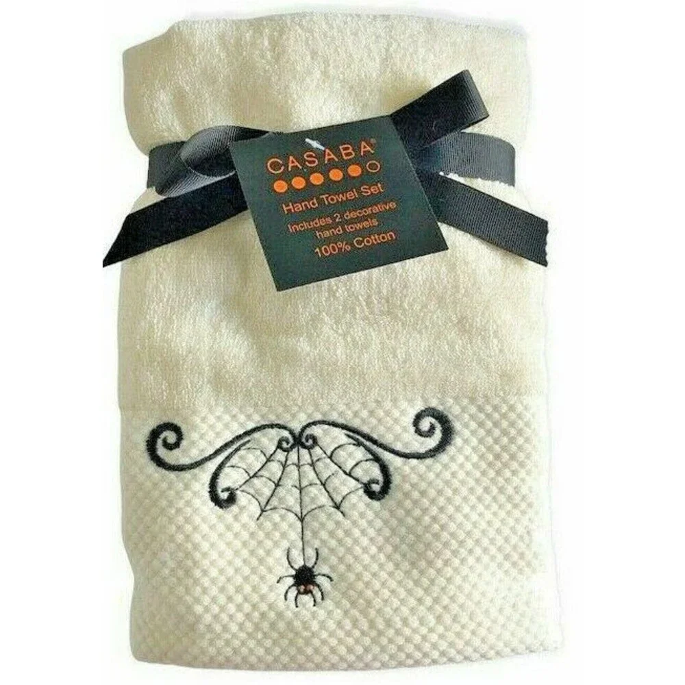 Casaba Happy Halloween Spider Web Hand Towels Embroidered Ivory Spooky Set Of 2
